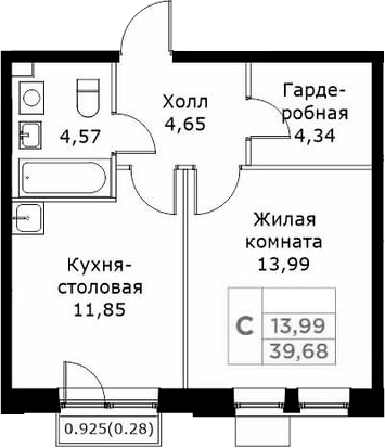Планировка — КИТ, 1-комн., 39 м²