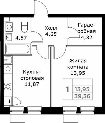 Планировка — КИТ, 1-комн., 39 м²