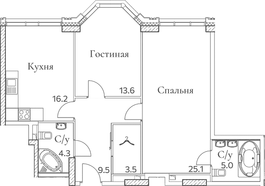 Планировка — Клубный дом Full House, 2-комн., 77 м²