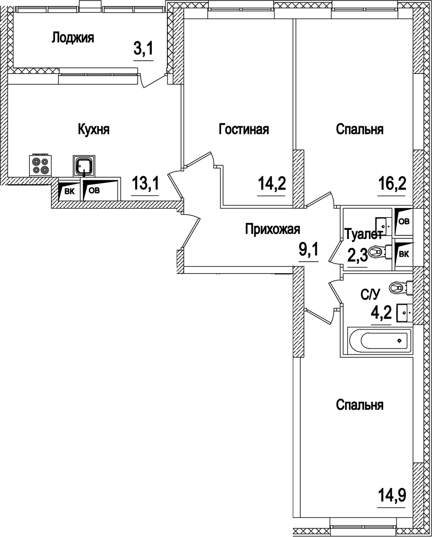 Планировка — Рассказово, 3-комн., 74 м²