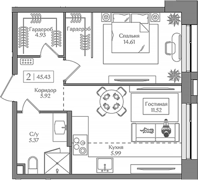 Планировка — Преображенская площадь, 2-комн., 45 м²