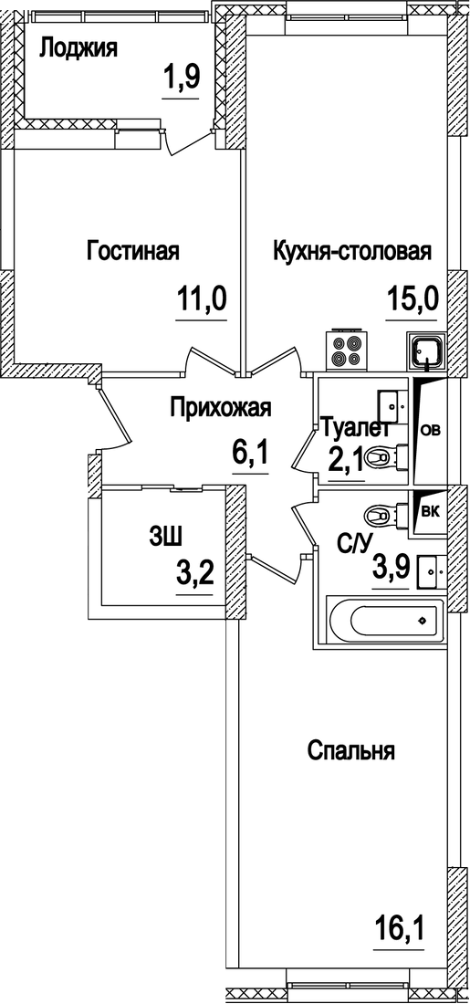 Планировка — Рассказово, 3-комн., 57 м²