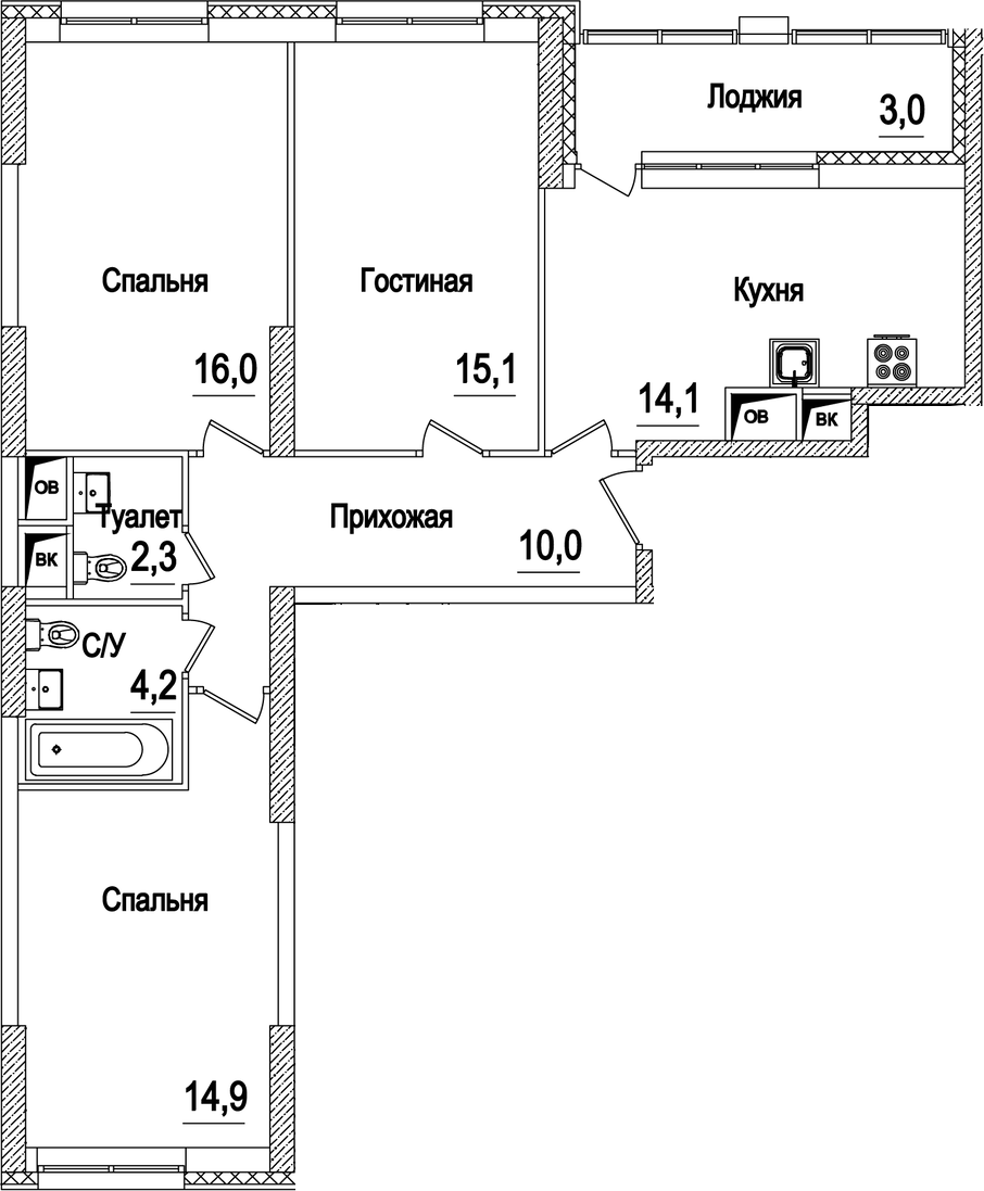 Планировка — Рассказово, 3-комн., 77 м²