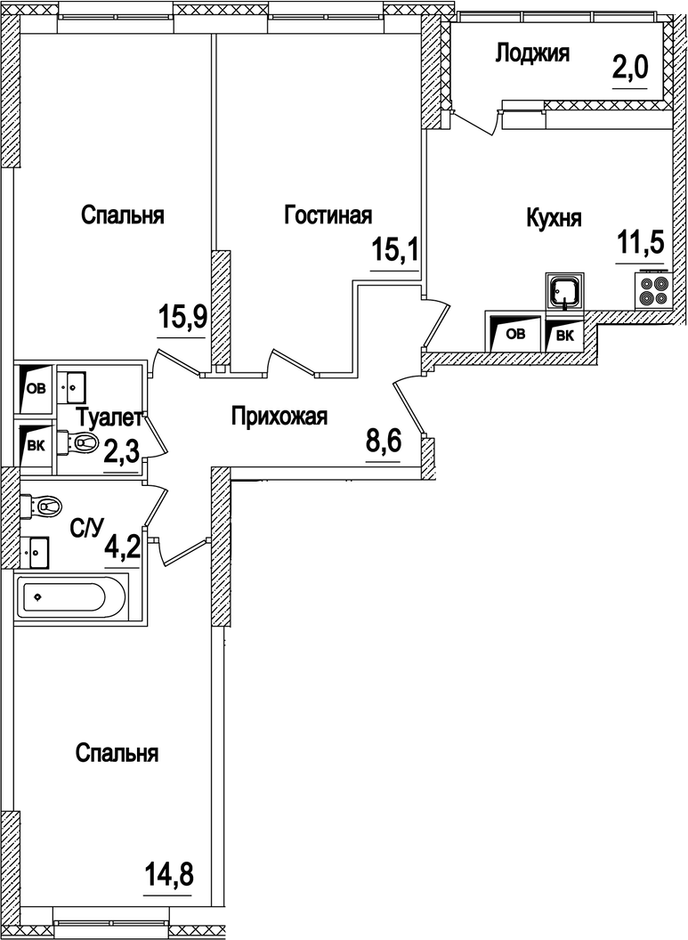 Планировка — Рассказово, 3-комн., 73 м²