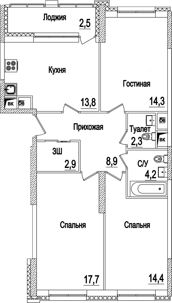 Планировка — Рассказово, 3-комн., 79 м²