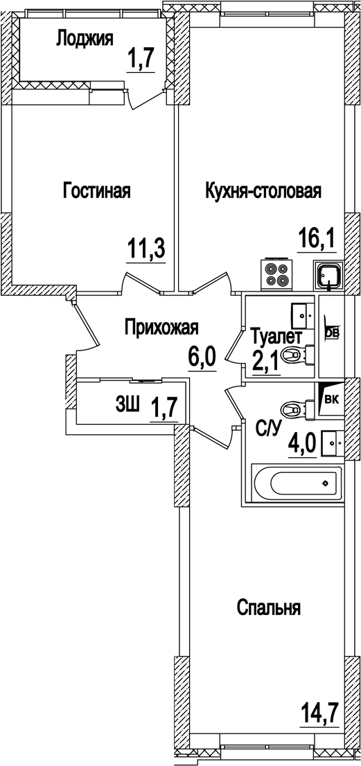 Планировка — Рассказово, 3-комн., 56 м²