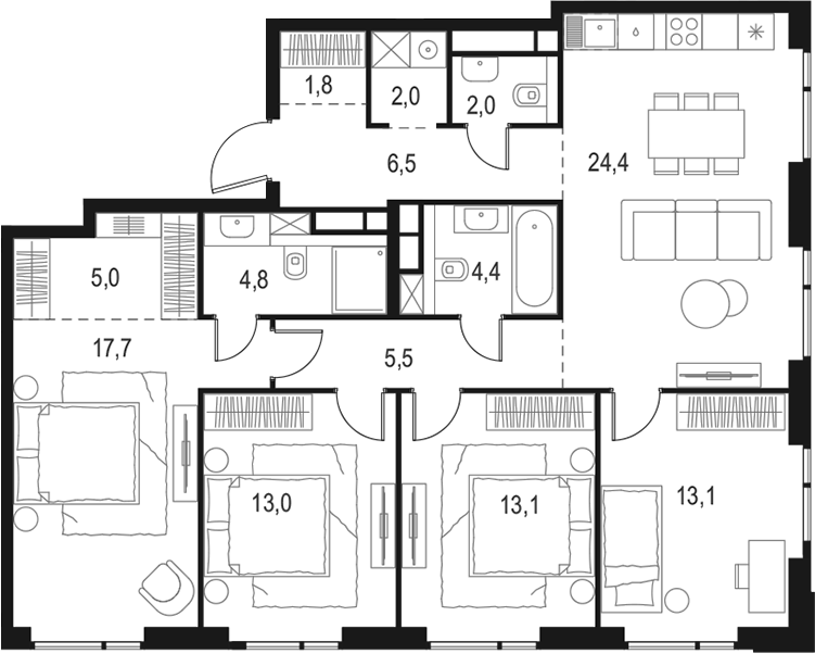 Планировка — Левел Войковская, 5-комн., 113 м²