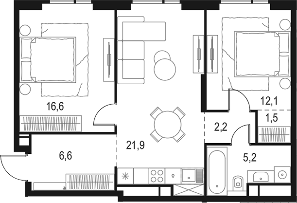 Планировка — Левел Войковская, 3-комн., 66 м²