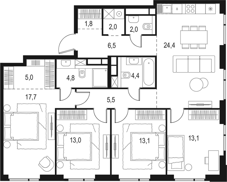 Планировка — Левел Войковская, 5-комн., 113 м²