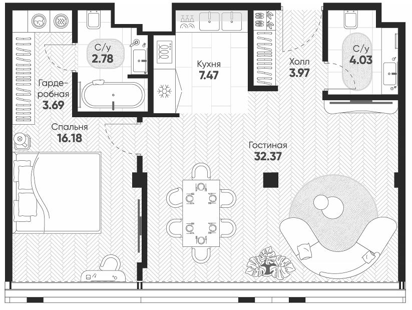 Планировка — Арбат 2, 2-комн., 72 м²