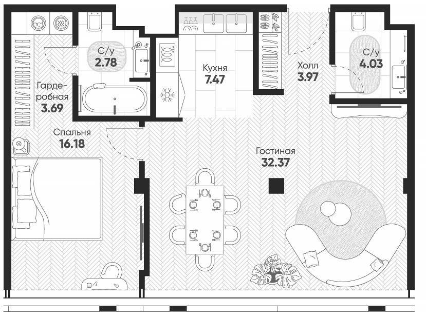 Планировка — Арбат 2, 2-комн., 74 м²