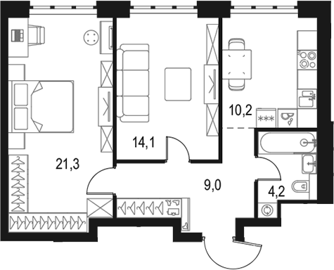 Планировка — Левел Южнопортовая, 2-комн., 59 м²
