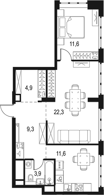 Планировка — Левел Южнопортовая, 2-комн., 64 м²