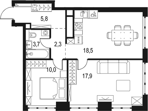 Планировка — Левел Южнопортовая, 3-комн., 58 м²
