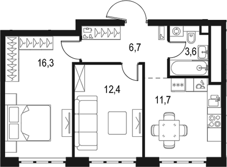 Планировка — Левел Южнопортовая, 2-комн., 51 м²