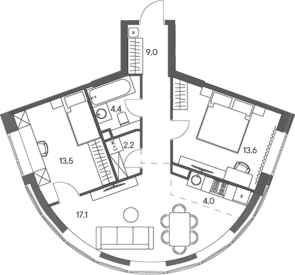 Планировка — Родина Переделкино, 3-комн., 63 м²