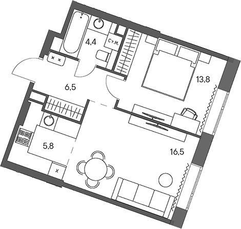 Планировка — Родина Переделкино, 2-комн., 47 м²