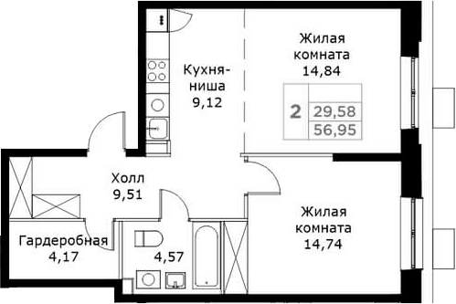 Планировка — КИТ, 2-комн., 57 м²