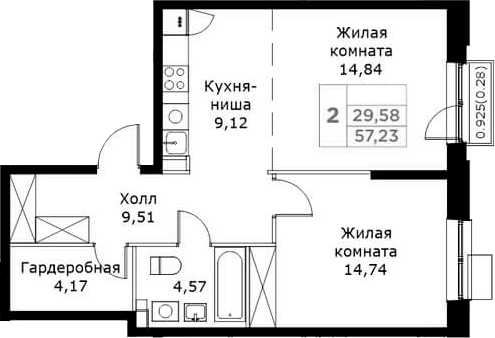 Планировка — КИТ, 2-комн., 57 м²