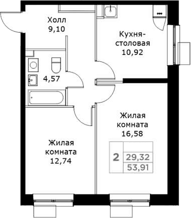 Планировка — КИТ, 2-комн., 54 м²
