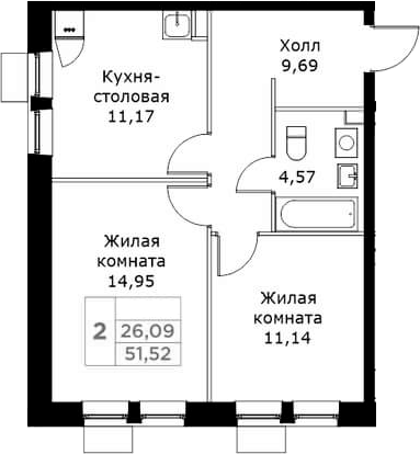 Планировка — КИТ, 2-комн., 52 м²