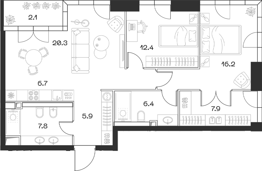 Планировка — ШИФТ, 3-комн., 86 м²