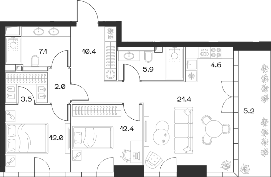 Планировка — ШИФТ, 3-комн., 80 м²