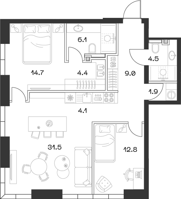 Планировка — ШИФТ, 3-комн., 88 м²