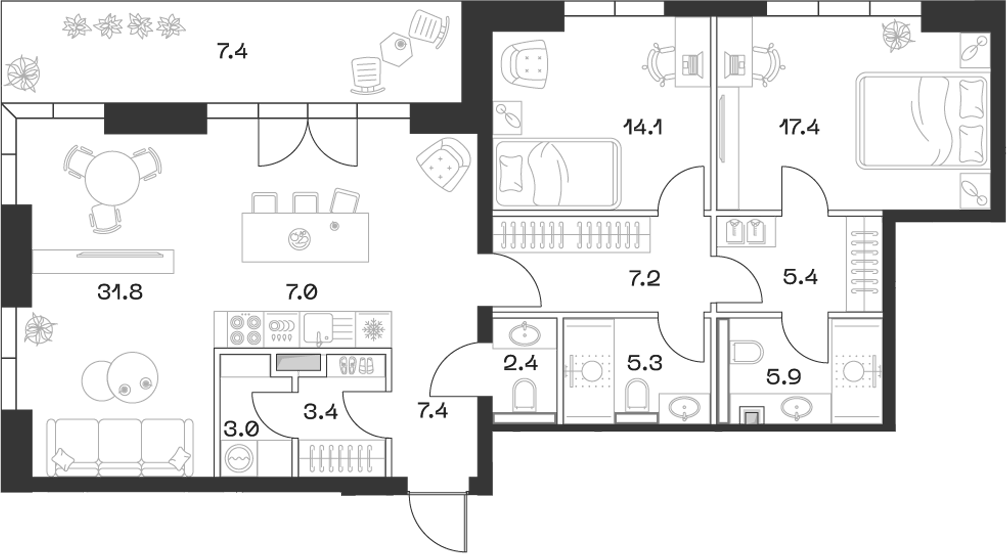 Планировка — ШИФТ, 3-комн., 110 м²
