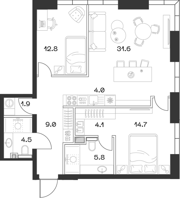Планировка — ШИФТ, 3-комн., 88 м²