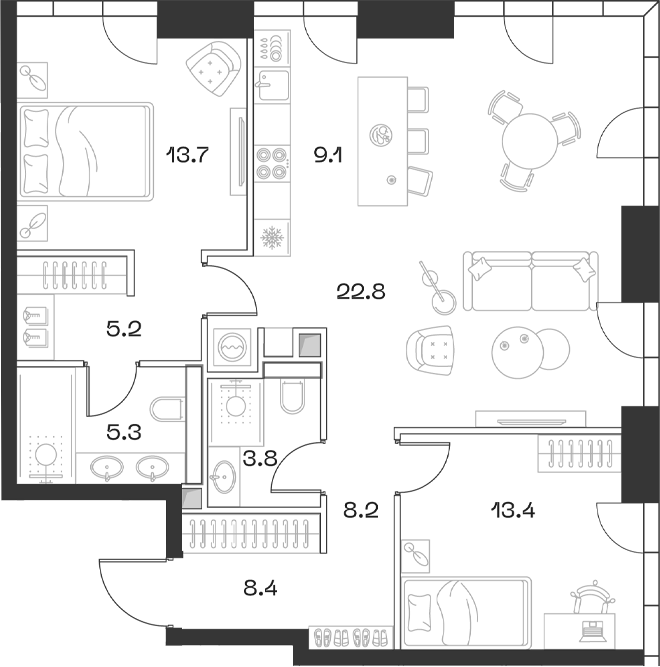 Планировка — ШИФТ, 3-комн., 91 м²