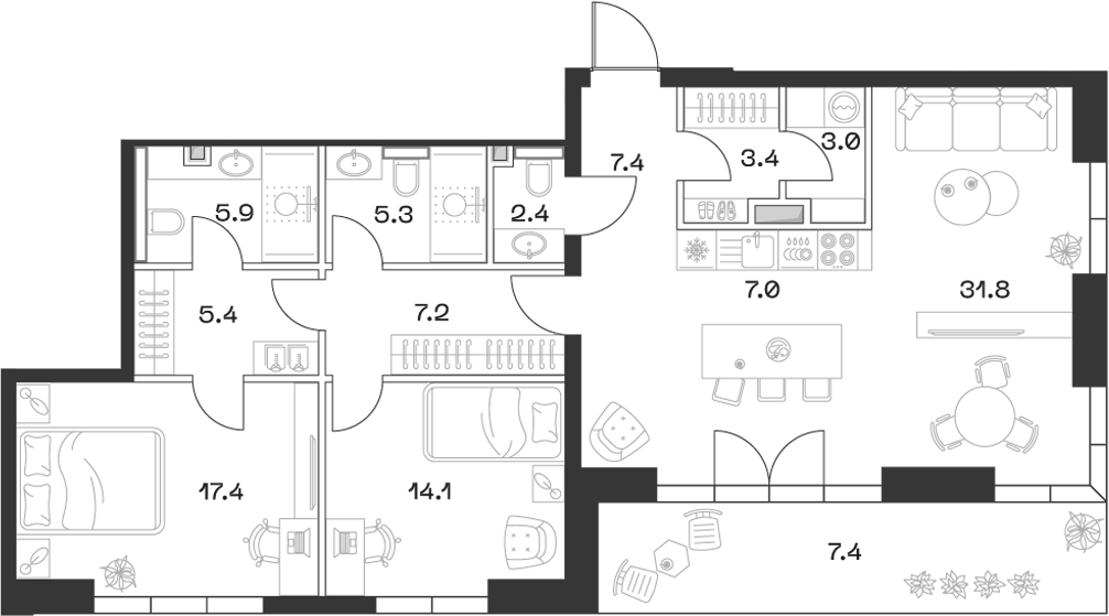Планировка — ШИФТ, 3-комн., 110 м²