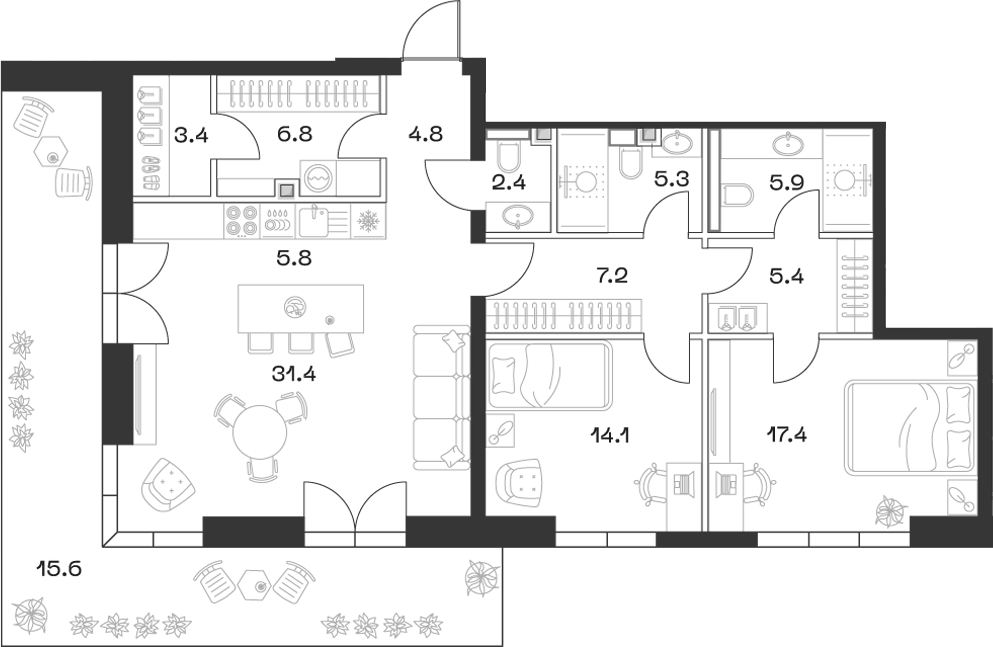 Планировка — ШИФТ, 3-комн., 110 м²