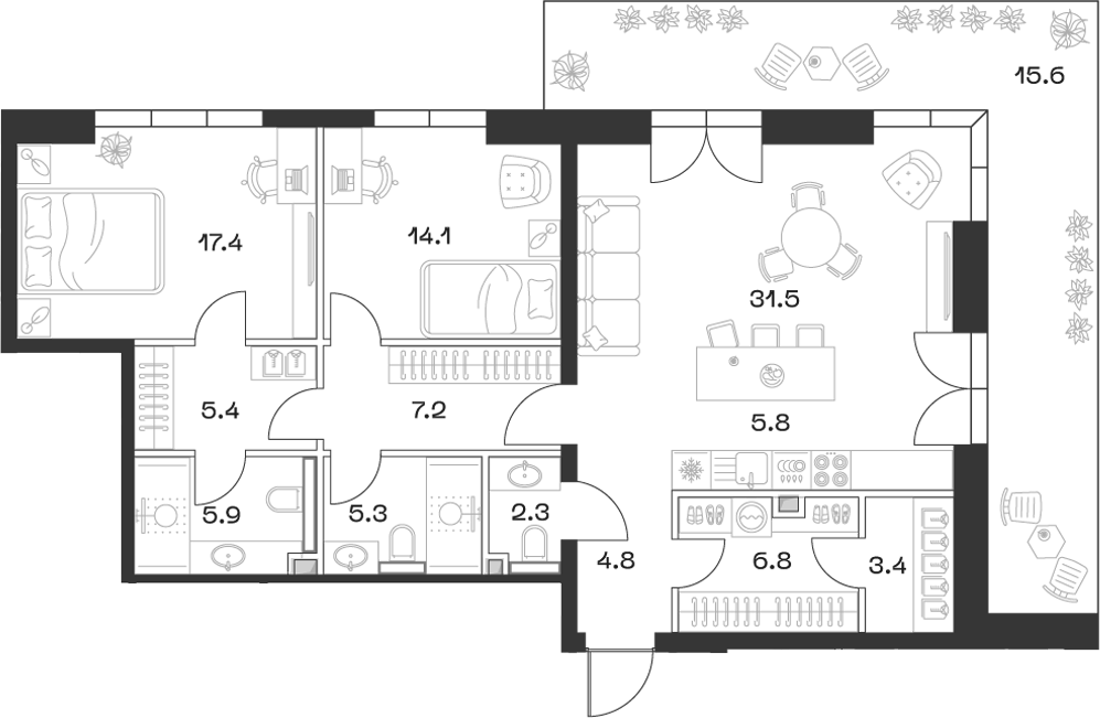 Планировка — ШИФТ, 3-комн., 110 м²