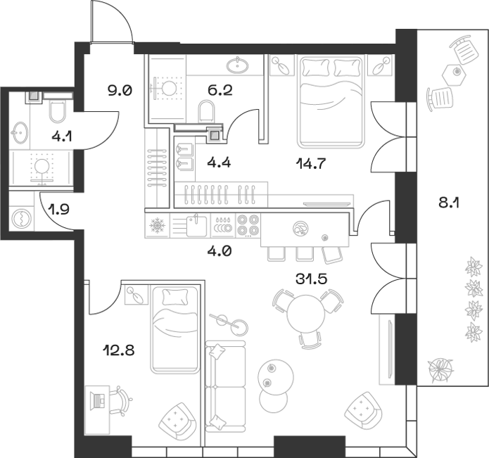 Планировка — ШИФТ, 3-комн., 88 м²