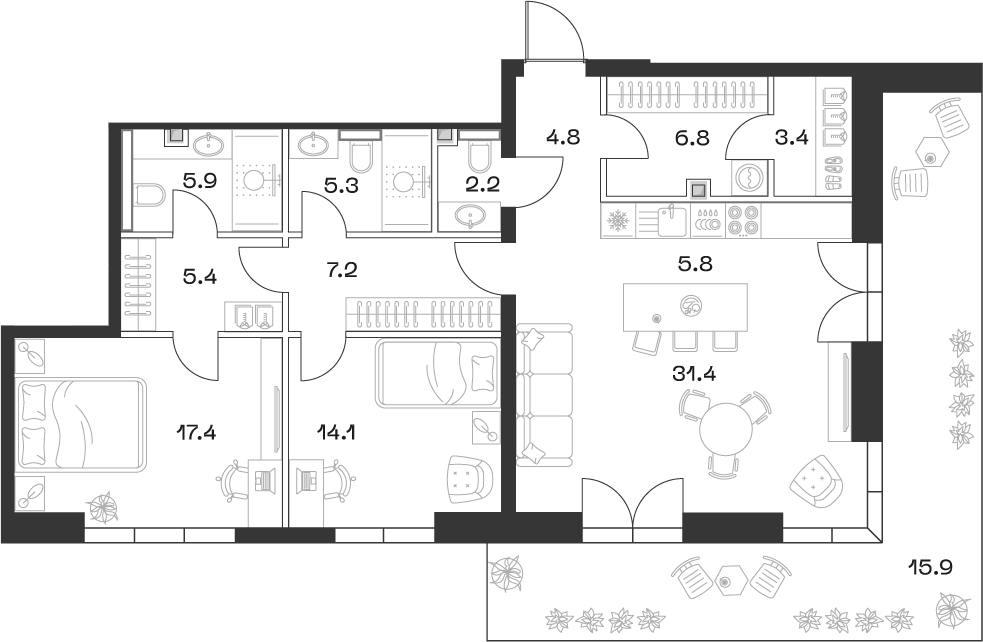 Планировка — ШИФТ, 3-комн., 110 м²