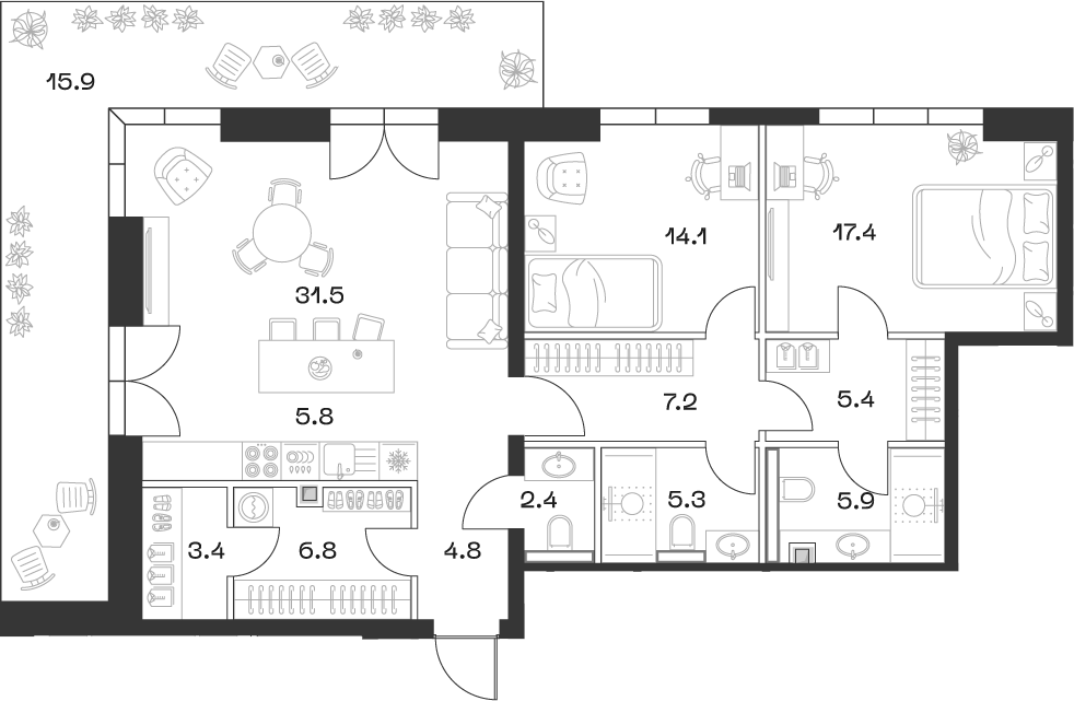 Планировка — ШИФТ, 3-комн., 110 м²