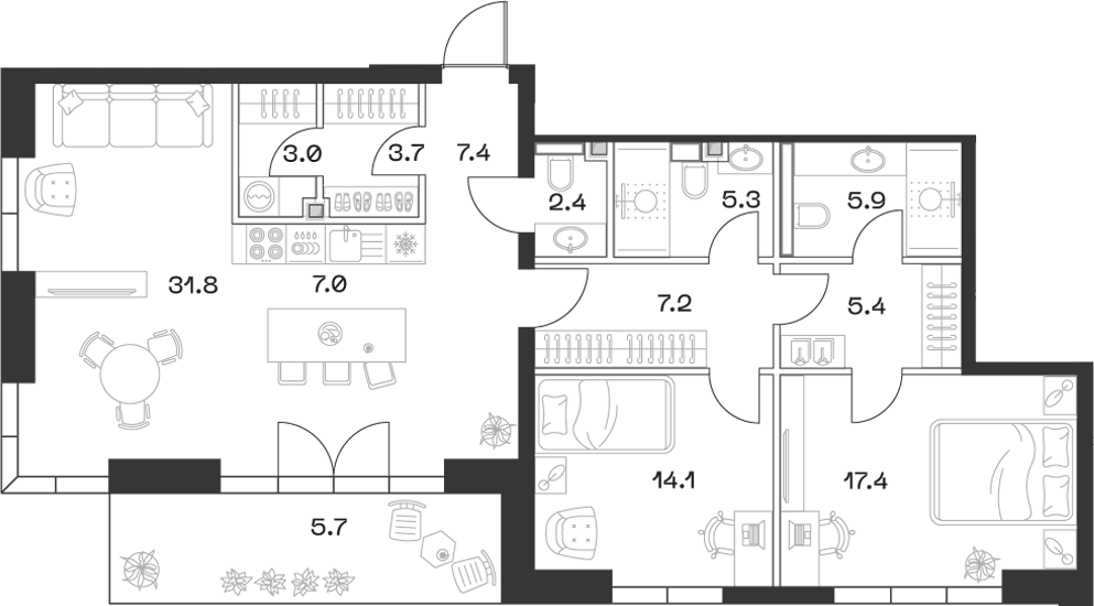 Планировка — ШИФТ, 3-комн., 111 м²