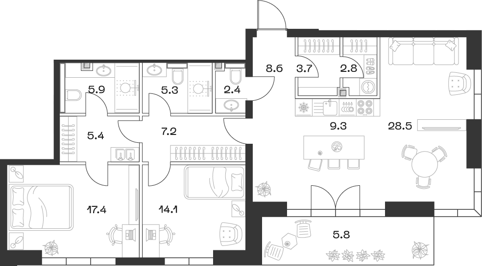 Планировка — ШИФТ, 3-комн., 111 м²