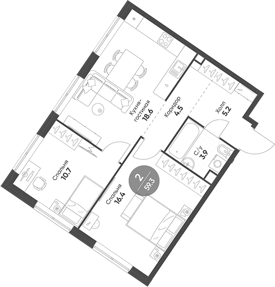 Планировка — Sokolinn Park, 3-комн., 59 м²