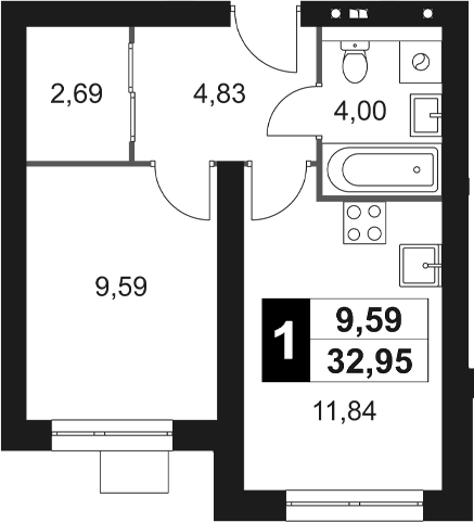 Планировка — Мартемьяново Клаб, 1-комн., 33 м²