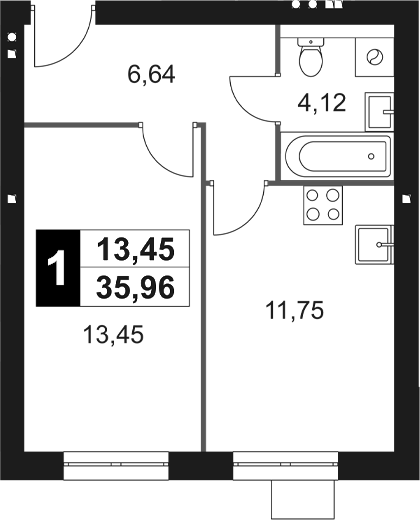 Планировка — Мартемьяново Клаб, 1-комн., 36 м²