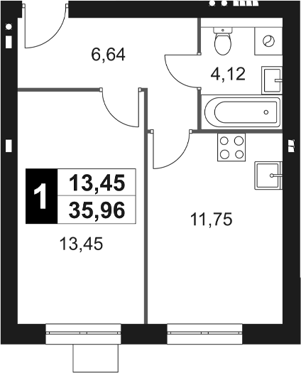 Планировка — Мартемьяново Клаб, 1-комн., 36 м²