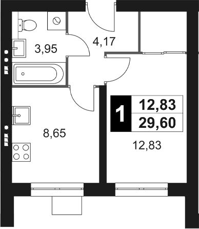 Планировка — Мартемьяново Клаб, 1-комн., 30 м²