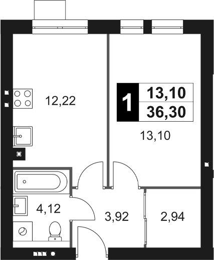 Планировка — Мартемьяново Клаб, 1-комн., 36 м²