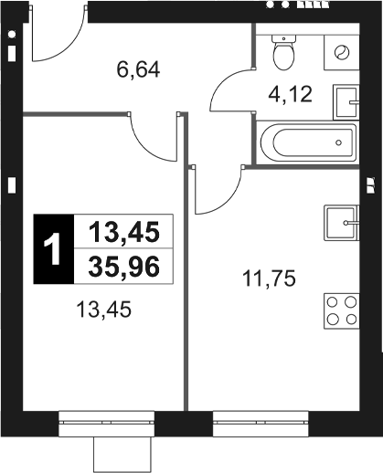Планировка — Мартемьяново Клаб, 1-комн., 36 м²