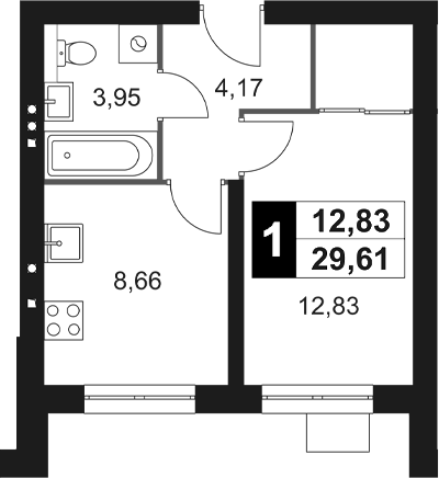 Планировка — Мартемьяново Клаб, 1-комн., 30 м²