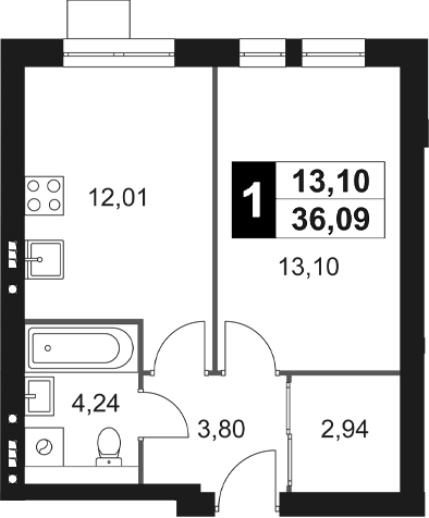 Планировка — Мартемьяново Клаб, 1-комн., 36 м²
