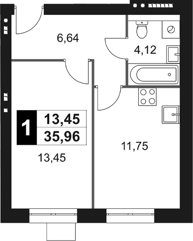 Планировка — Мартемьяново Клаб, 1-комн., 36 м²