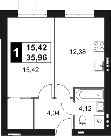 Планировка — Мартемьяново Клаб, 1-комн., 36 м²